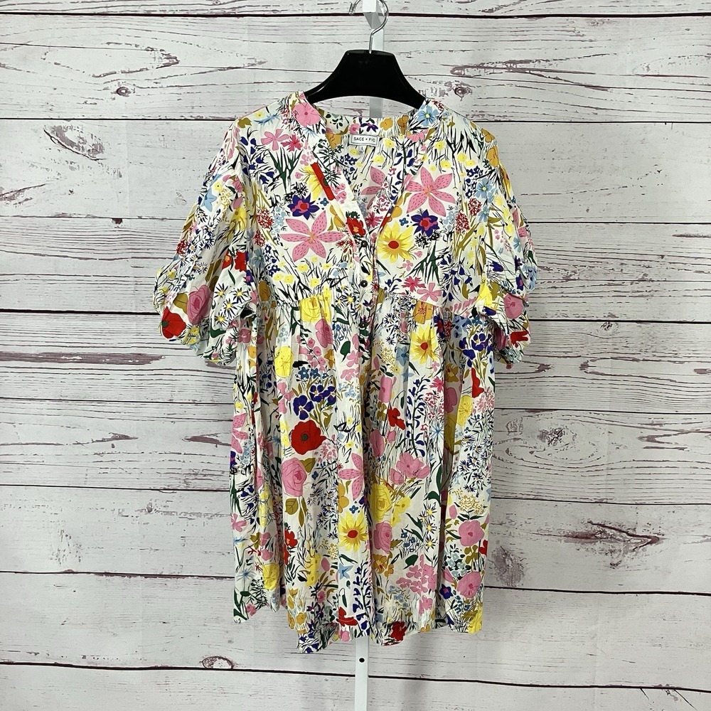 Sage + Fig Floral Babydoll Top Puff Sleeve Cottagecore Peplum Blouse Sz Large